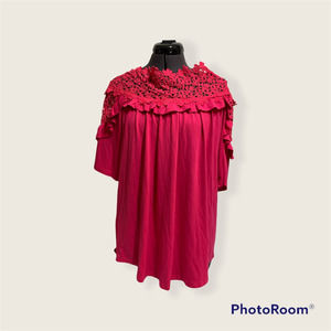 Jodifl Womens Blouse Red Floral Lace Crew Neck Short Sleeve Pleated Top M New